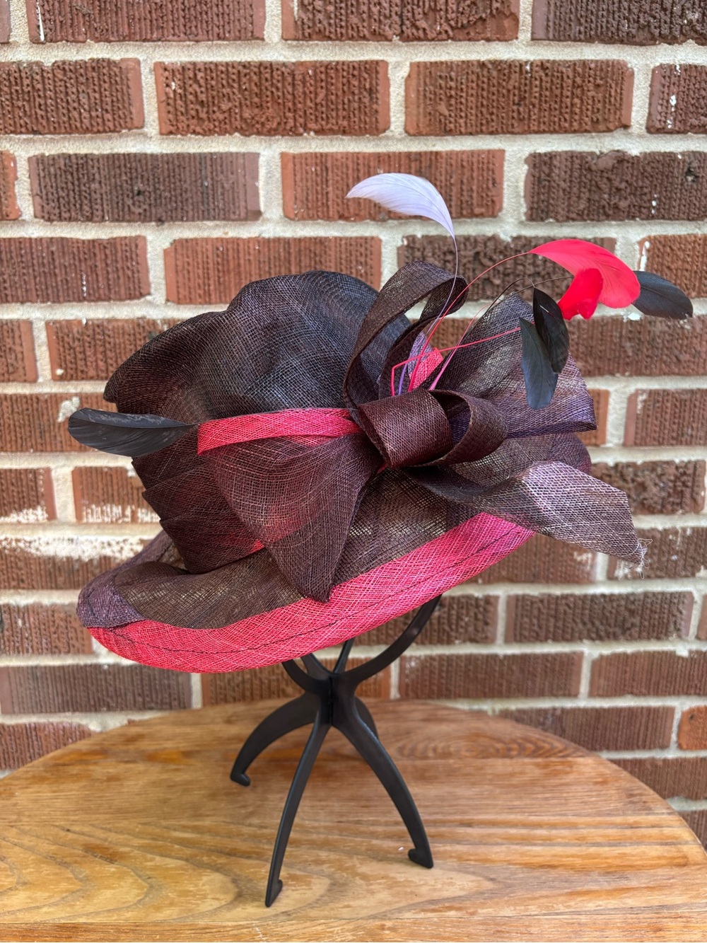 TUSCANY FINE MILLINERY Womens Black Red Church Derby Straw Hat Fascinator